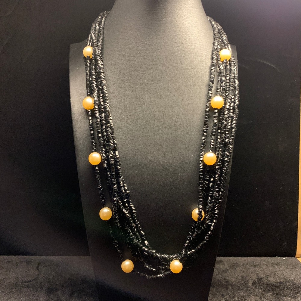 Vintage Multi Strand Black Cut Bead Faux Pearl Necklace Silver Tone Clasp 23in